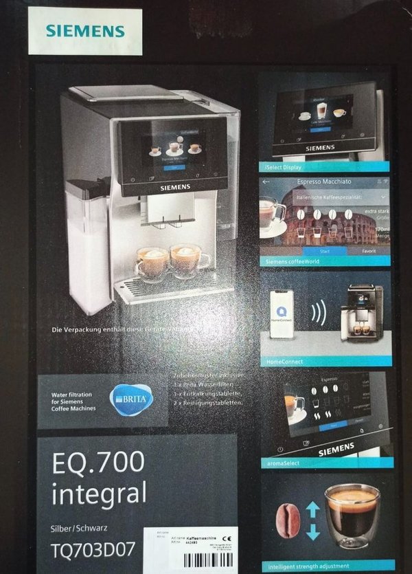 Siemens Kaffeevollautomat EQ.700 integral, TQ703D07, mit Milchsystem, 2,4 Liter, silber -