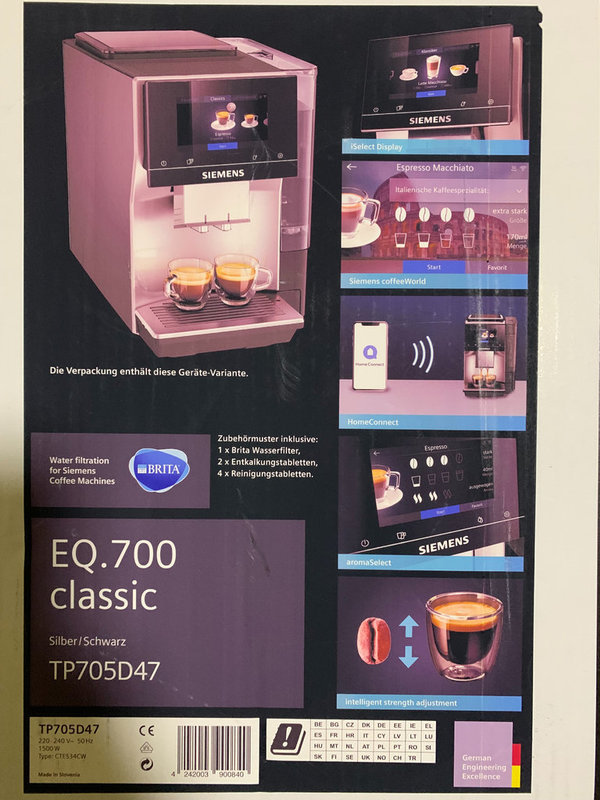 SIEMENS Kaffeevollautomat EQ.700 Inox silber metallic TP705D47, Full-Touch-Display, Milchsystem